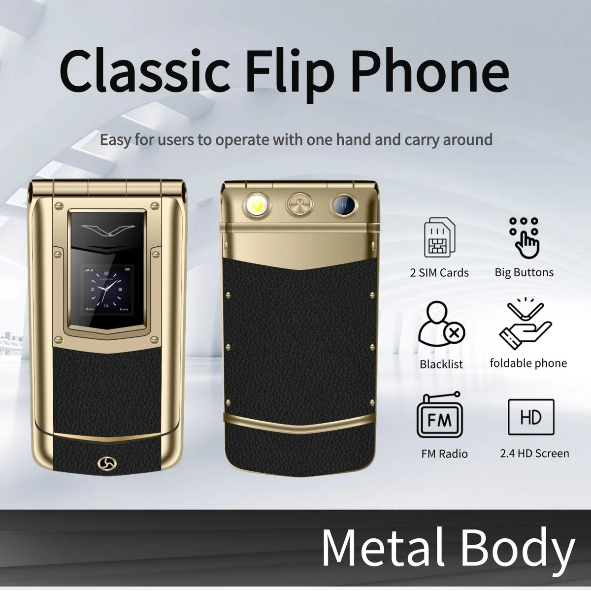 Luxury Metal Flip Phone For Men &ndash; Big Button Dual Screen