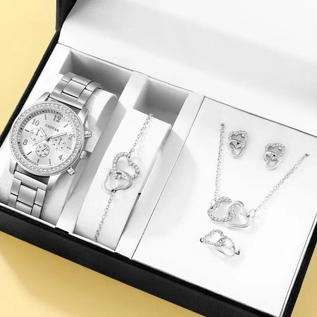 6PCS Rose Gold Luxury Rhinestone Jewelry Set with Watch, Ring, Necklace, and Earrings Silver
