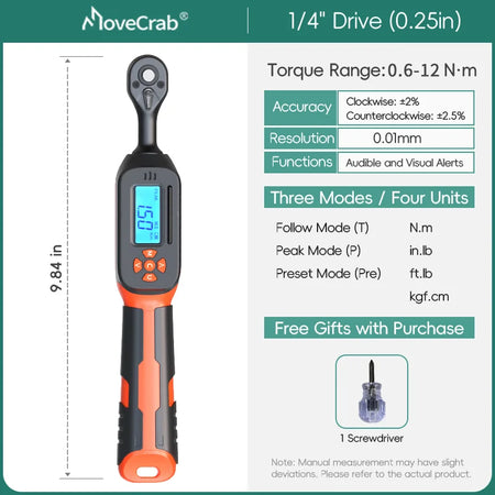 MOVECRAB Digital Torque Wrench 1.5-340N.m &ndash; High Precision with Buzzer and LED Notification 0.6-12N.m