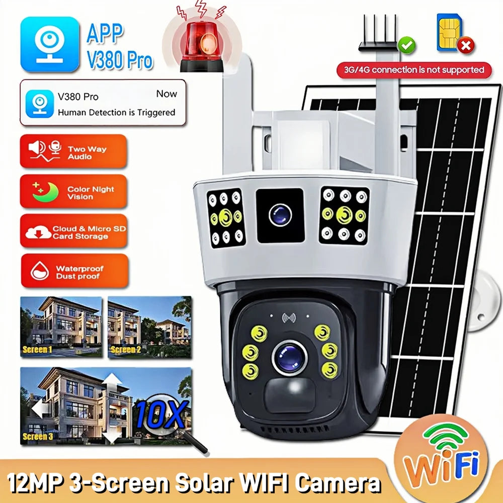 V380 Pro Outdoor Solar  Wifi Camera  with Night Vision CCTV PIR Human Detection Surveillance 12MP HD PTZ Home Security Monitor