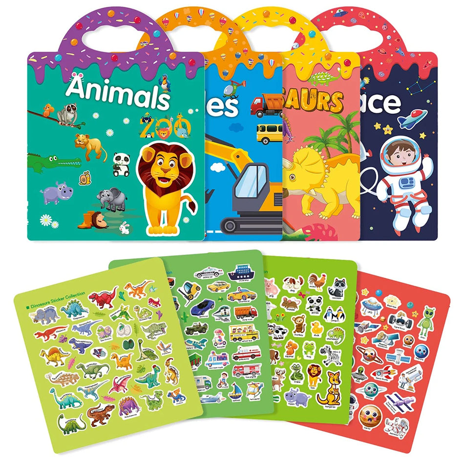 4 Pack Reusable Sticker Books 3D Clear Animals Vehicles
