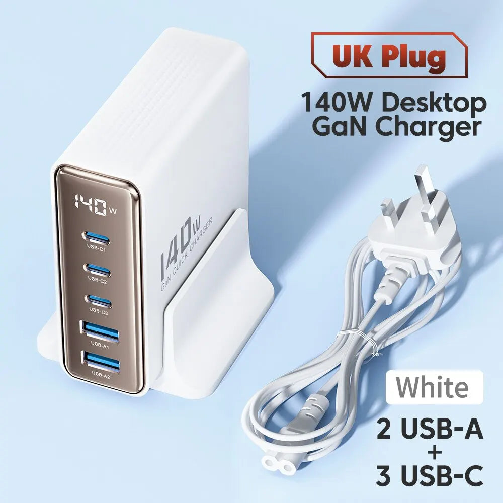 Toocki 140W GaN USB Charger &ndash; 5in1 Desktop Fast Charge UK White