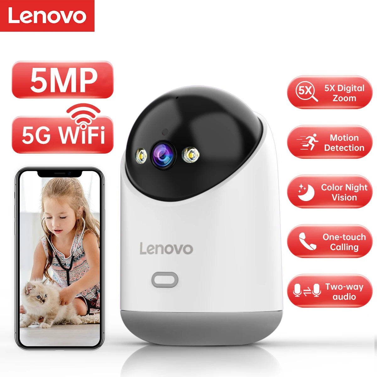 Lenovo 5MP WiFi Camera with Full Color Night Vision and Auto Tracking 5MP Add 128G SD / UK Plug / CHINA