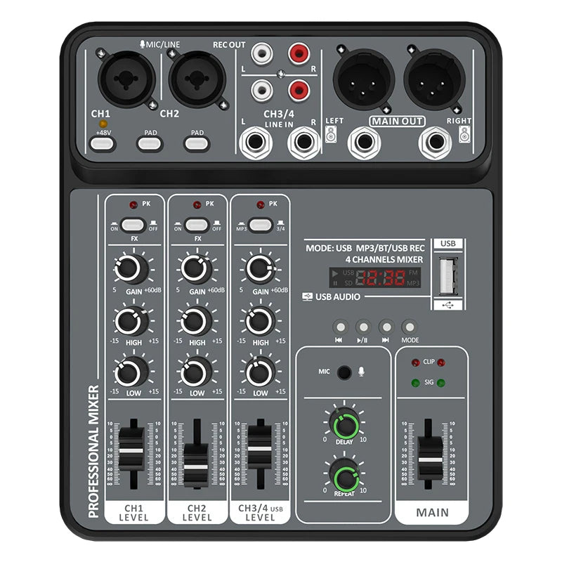 4 Channel Audio Mixer 48V Phantom USB - Bluetooth Enabled Light Grey