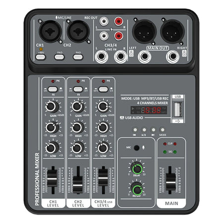 4 Channel Audio Mixer 48V Phantom USB - Bluetooth Enabled Light Grey