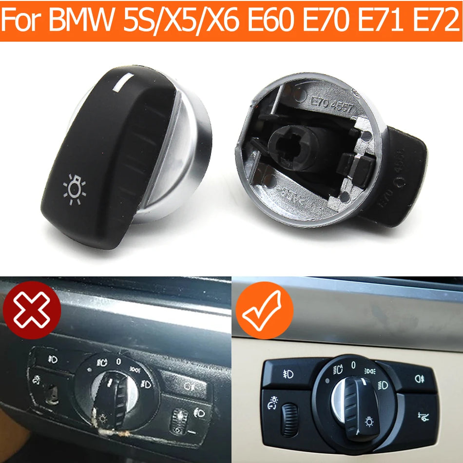 Headlamp Rotary Switch Knob Cover for BMW E60 E70 E71 E72 Z4 E89, PC ABS Chrome Finish Replacement