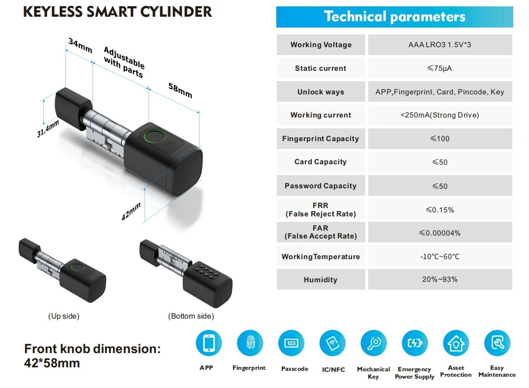 Tuya App Smart Cylinder Lock &ndash; Fingerprint and Pin Code