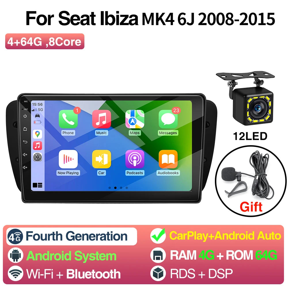 9Inch Car Radio Seat Ibiza MK4 6J - CarPlay Android Auto 4 64G 12LED