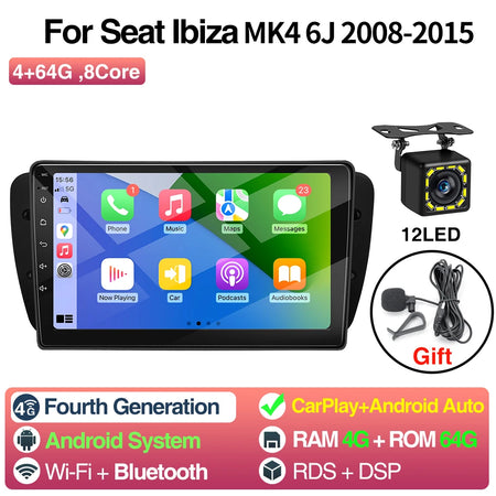 9Inch Car Radio Seat Ibiza MK4 6J - CarPlay Android Auto 4 64G 12LED