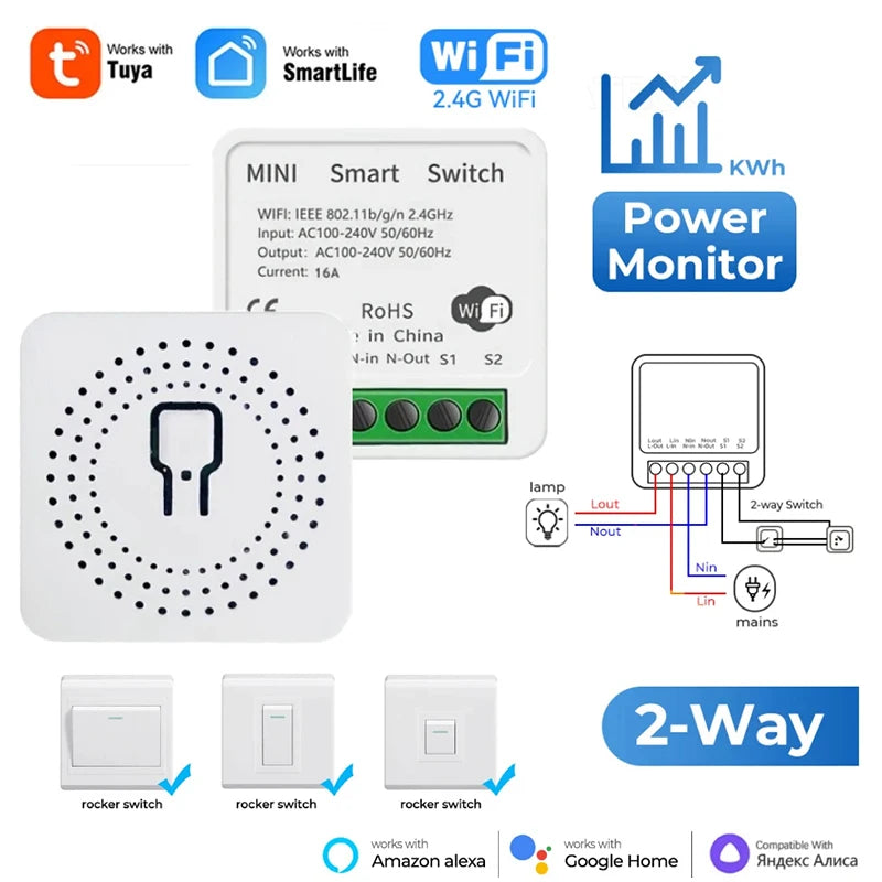 Mini Wi-Fi Smart Switch Module for 2-Way Control, Compatible with Alexa &amp; Google Home