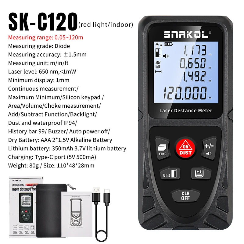 SNAKOL Professional Laser Distance Meter with Range Options up to 120m SK-C120 Type-C