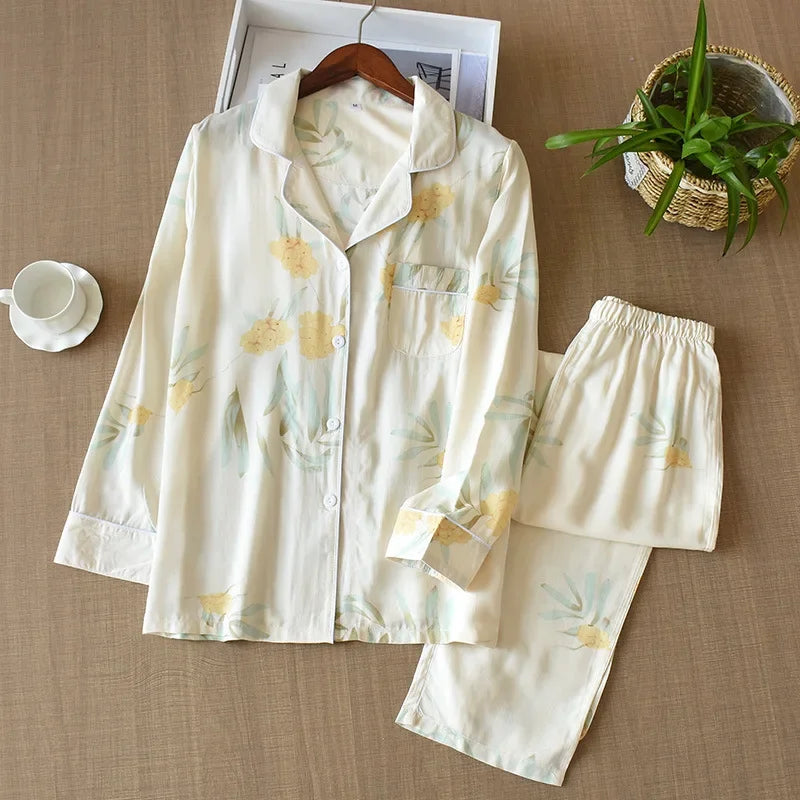 Japanese Style Women's Viscose Pajama Set - Floral Print, Long-Sleeve Yellow flowers / M