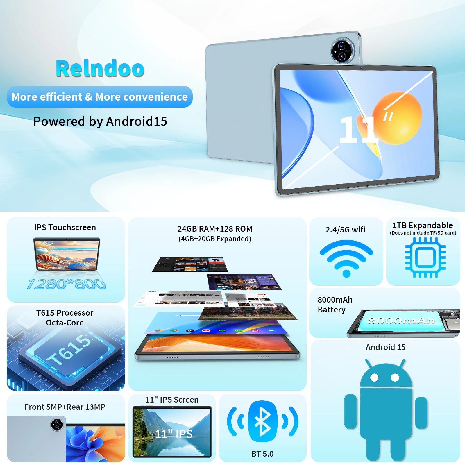 Relndoo 11 Inch Android 15 Tablet &ndash; Ultra High RAM Storage