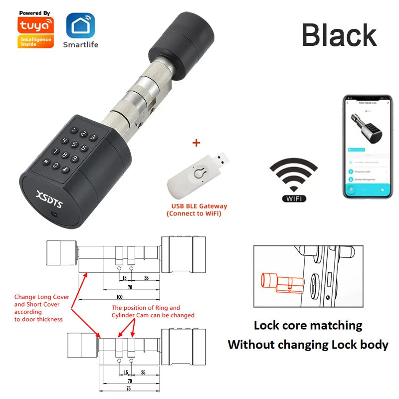 Smart Fingerprint Door Lock Black and Gateway / Suitable 35-100mm