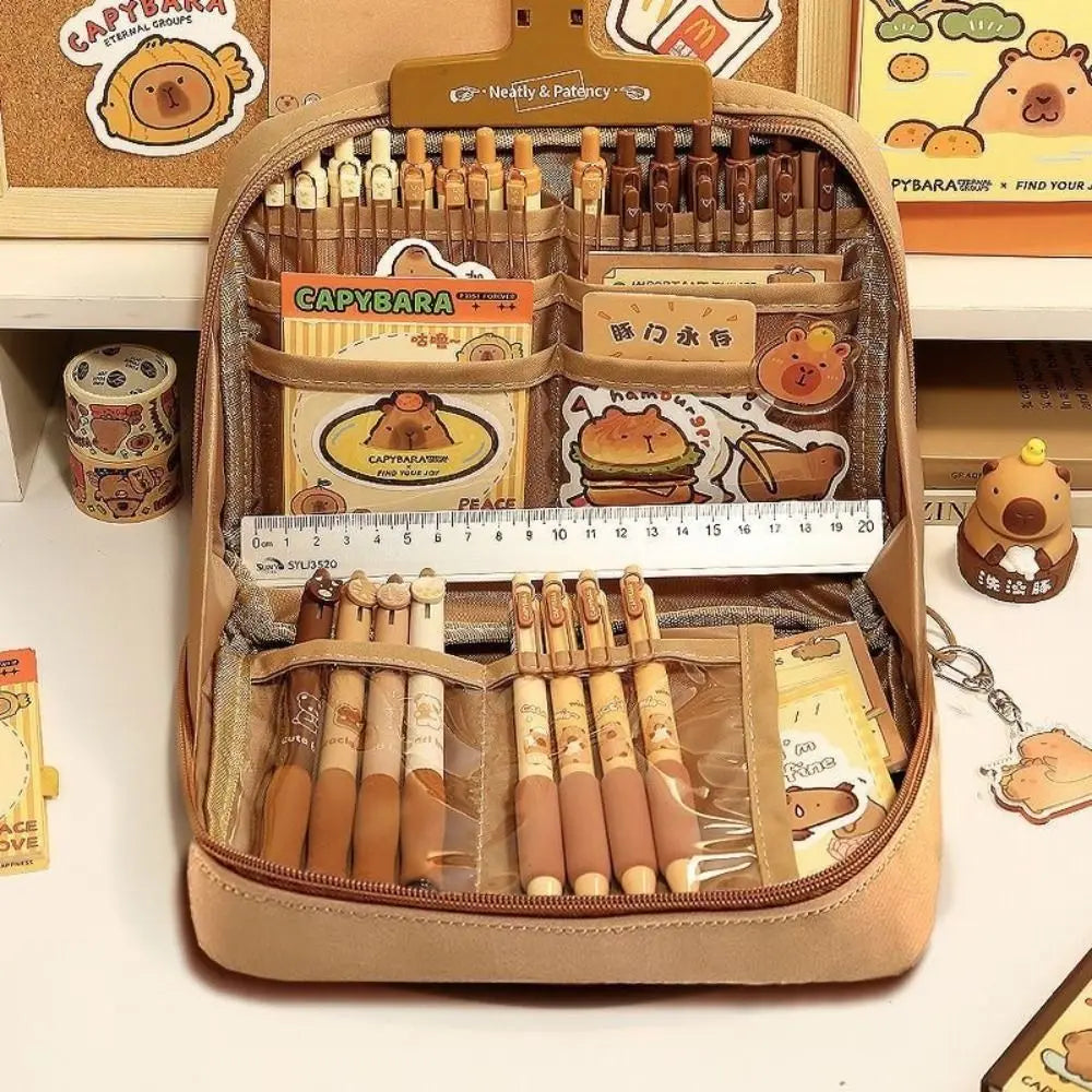 12-Layer Large Capacity Pen Bag | Multifunctional Pencil Case for Students | 90 Degree Large Opening | Zipper Stationery Organizer Brown