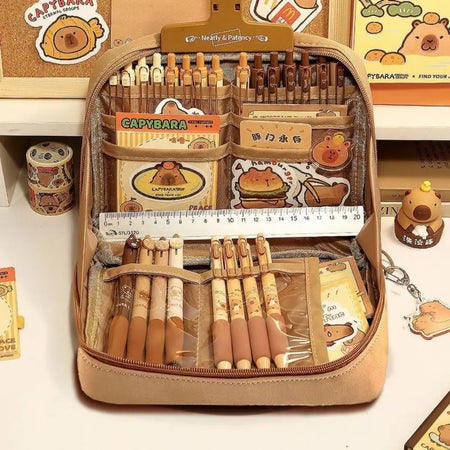 12-Layer Large Capacity Pen Bag | Multifunctional Pencil Case for Students | 90 Degree Large Opening | Zipper Stationery Organizer Brown