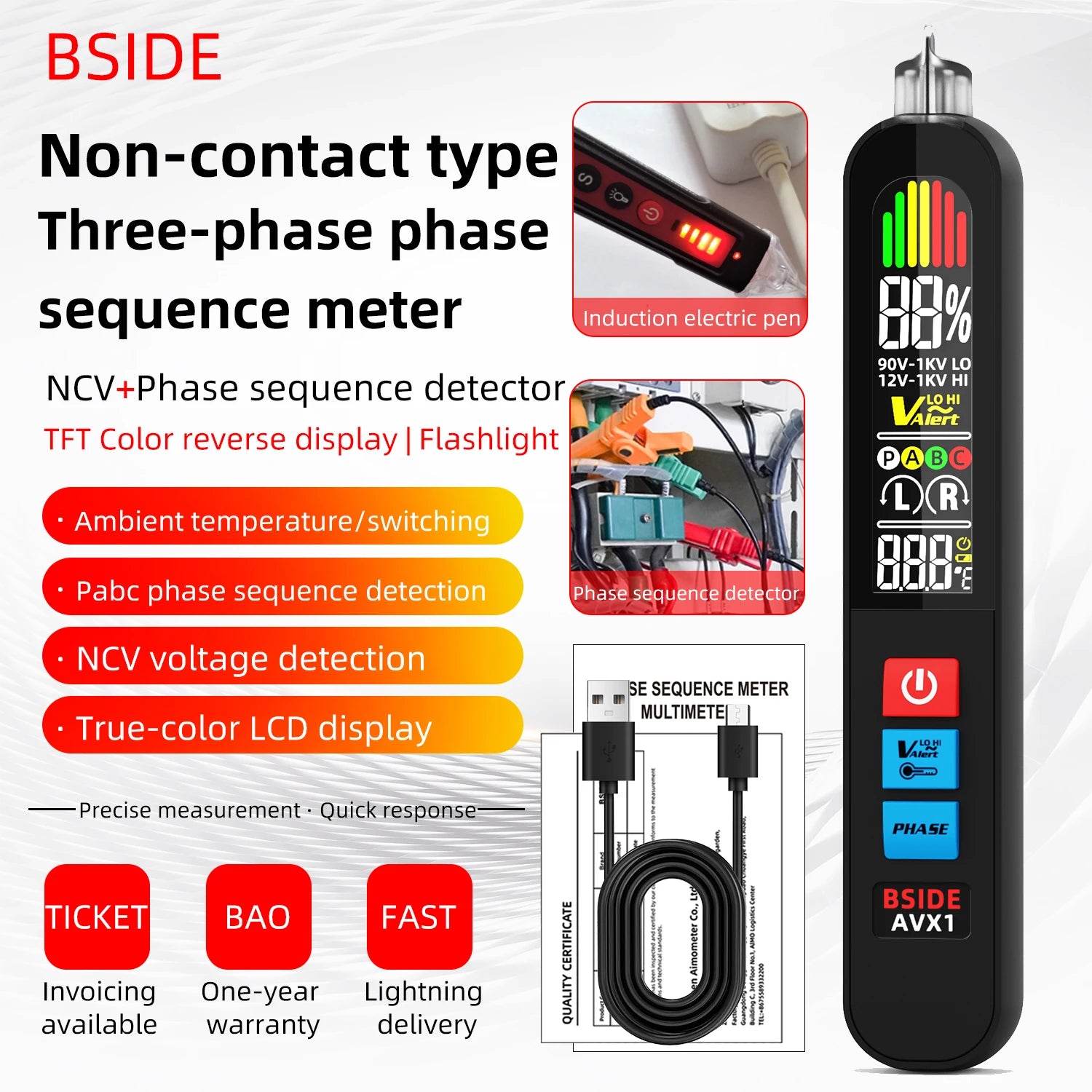 BSIDE AVX1 2in1 Phase Tester NCV &ndash; High Sensitivity LCD