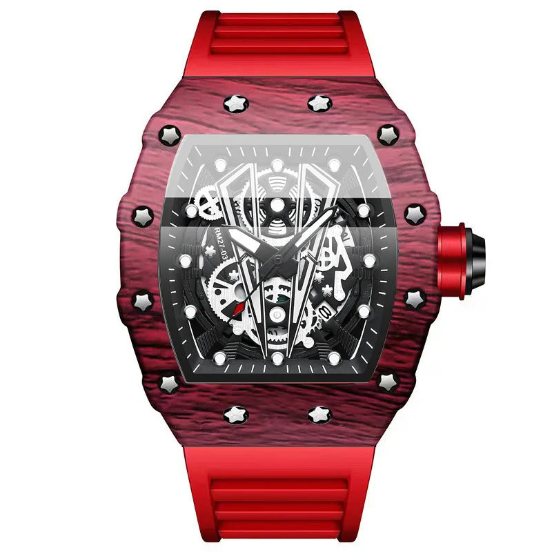 BINBOND Sporty Men's Tonneau Quartz Watch with Hollow Surface and Silicone Strap Red
