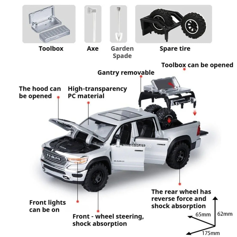1:32 mēroga metāla auto modelis ar skaņu un gaismu RAM Pickup Mammoth