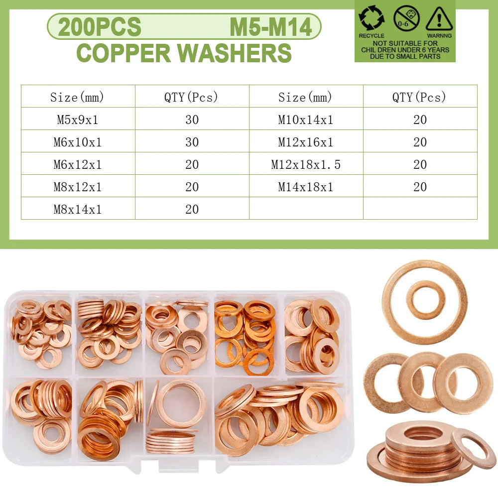 Copper Sealing O-ring Gasket Kit for Boat and Motorcycle M5-M14  200Pcs