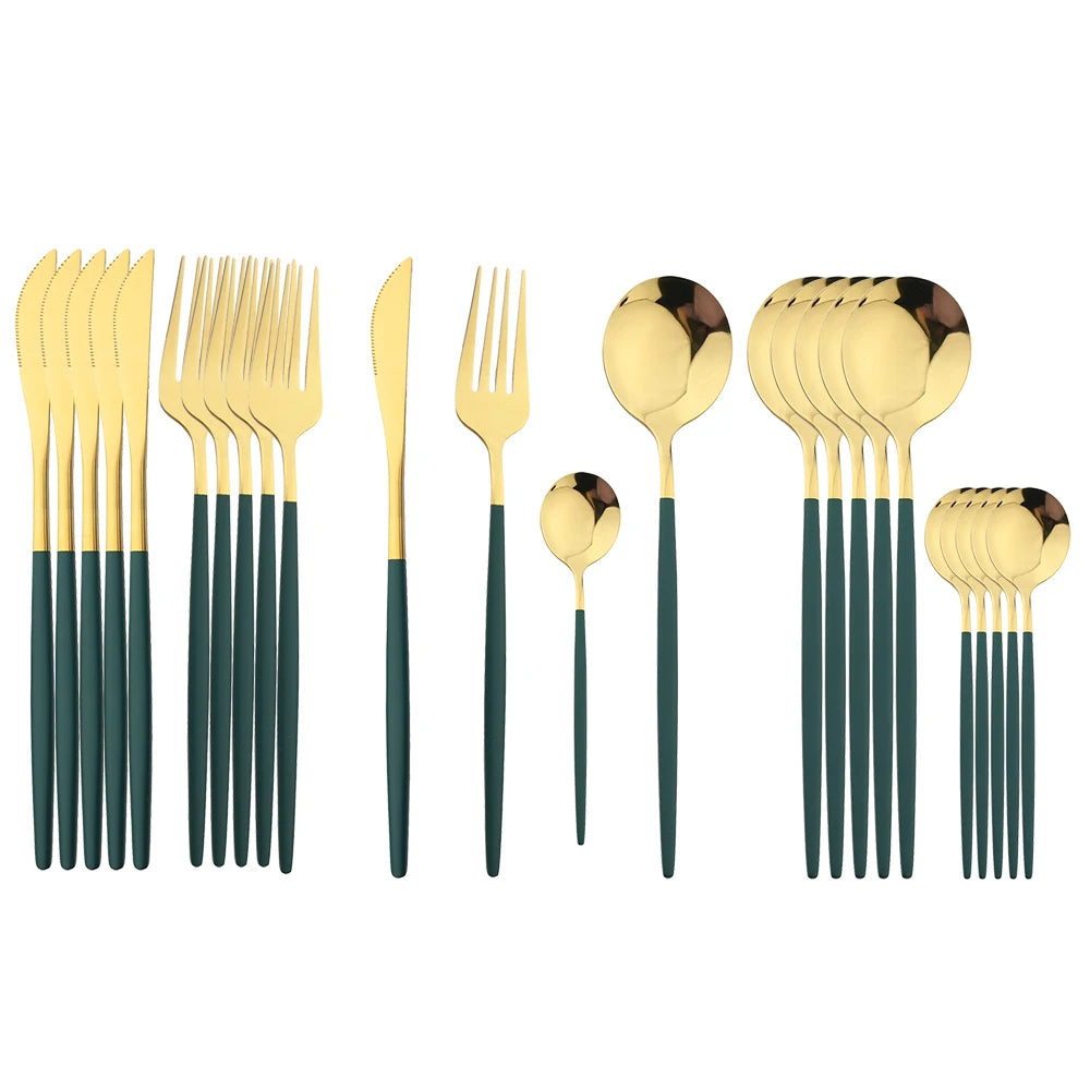 KNGZI 24Pcs Black Handle Golden Cutlery Set &ndash; Elegant Stainless Steel Flatware for Any Occasion Green Gold