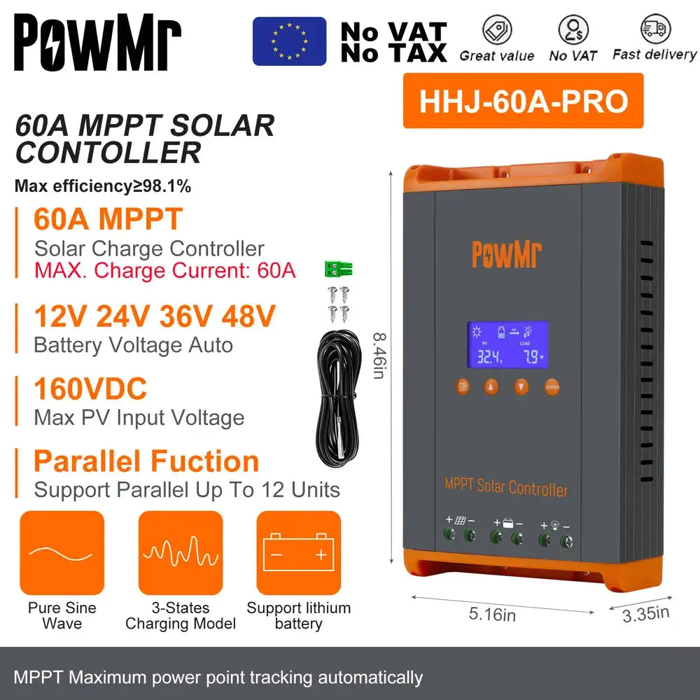 PowMr MPPT Solar Charge Controller &ndash; LCD Display, 12V-48V MPPT 60A-Parallel / france