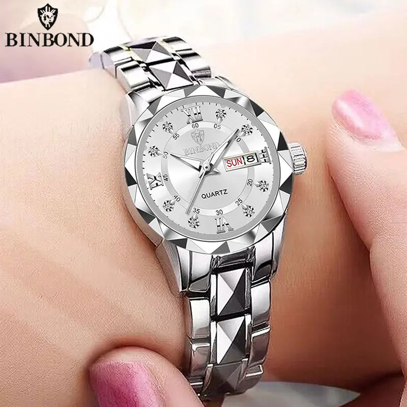 BINBONG Luxury Ladies Quartz Watch - Waterproof &amp; Luminous Silver White Ms