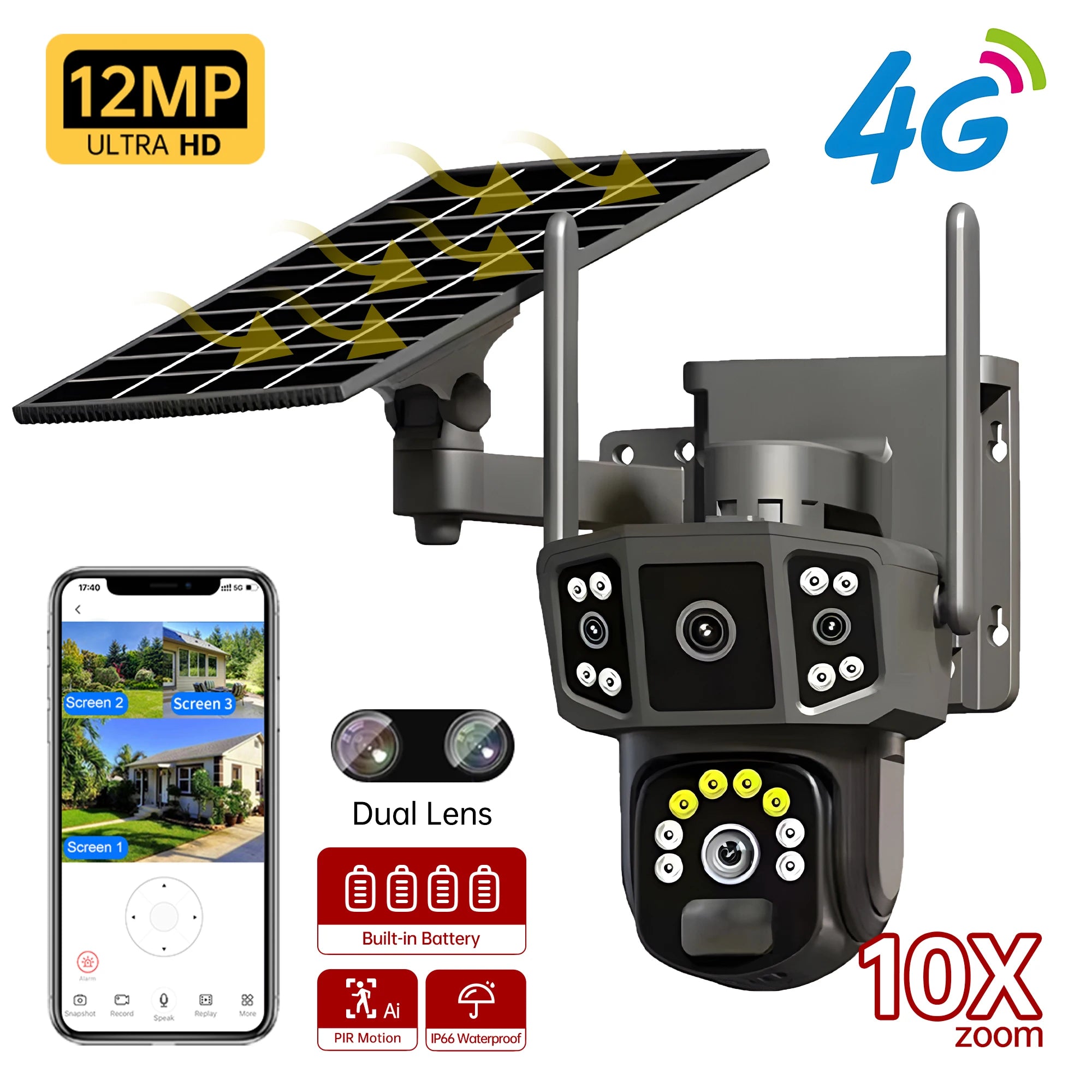 V380 Pro 10X 4K dual lens outdoor security network camera wireless WIFI solar closed-circuit television,4G sim solar cameras