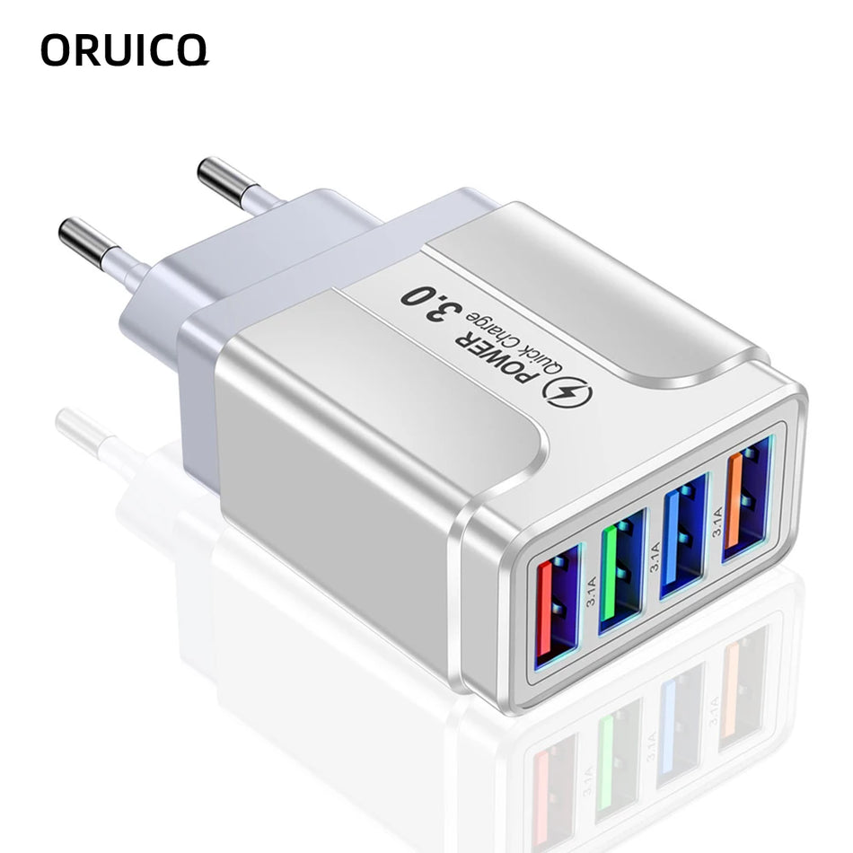 High-Speed 4-Port USB Wall Charger with Quick Charge 3.0 | Portable QC 3.0 Adapter for Xiaomi, iPhone X | EU/US Plug Compatible