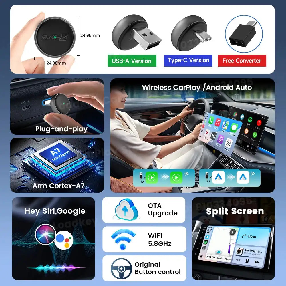 Carlinkit 2 In 1 Wireless CarPlay Adapter USB A Type C