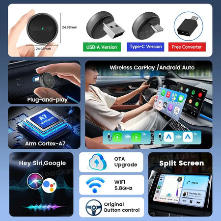 Carlinkit 2 In 1 Wireless CarPlay Adapter USB A Type C