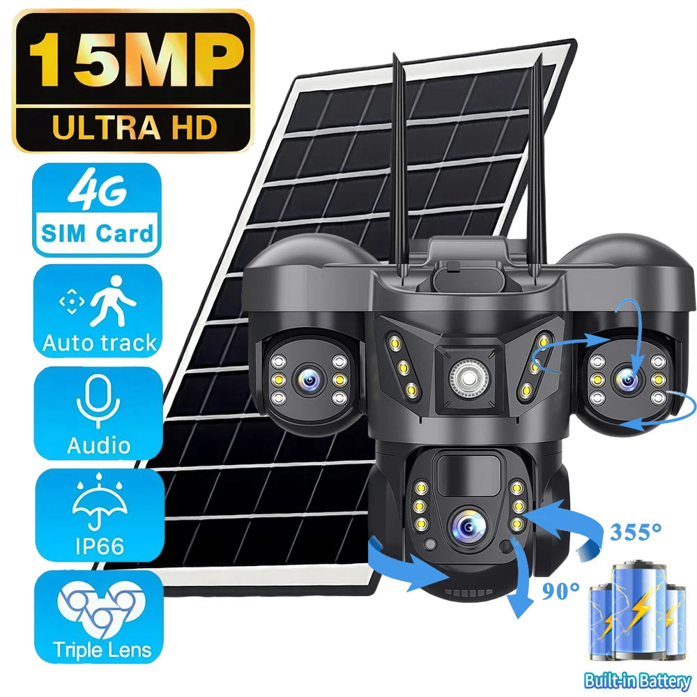 V380 Pro 15 MP Solar Camera Three Lens Audio Outdoor IP66 Waterproof Built-in Battery Security CCTV 6K HD 4G SIM Network Camera