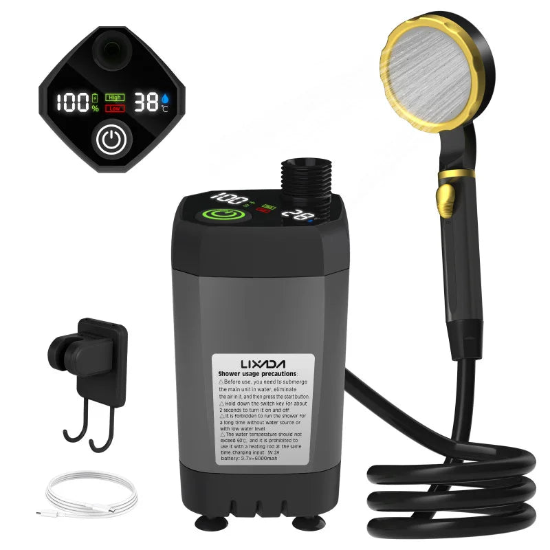 Portable Camping Shower Pump with Intelligent Digital Display and 6000mAh Battery Gray