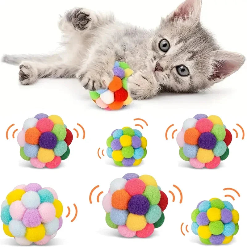Interactive Cat Toy Balls with Bells - 3/60pcs Colorful, Eco-Friendly Plush Pom Poms for Indoor Cats and Kittens Random-4.5cm / 6pcs