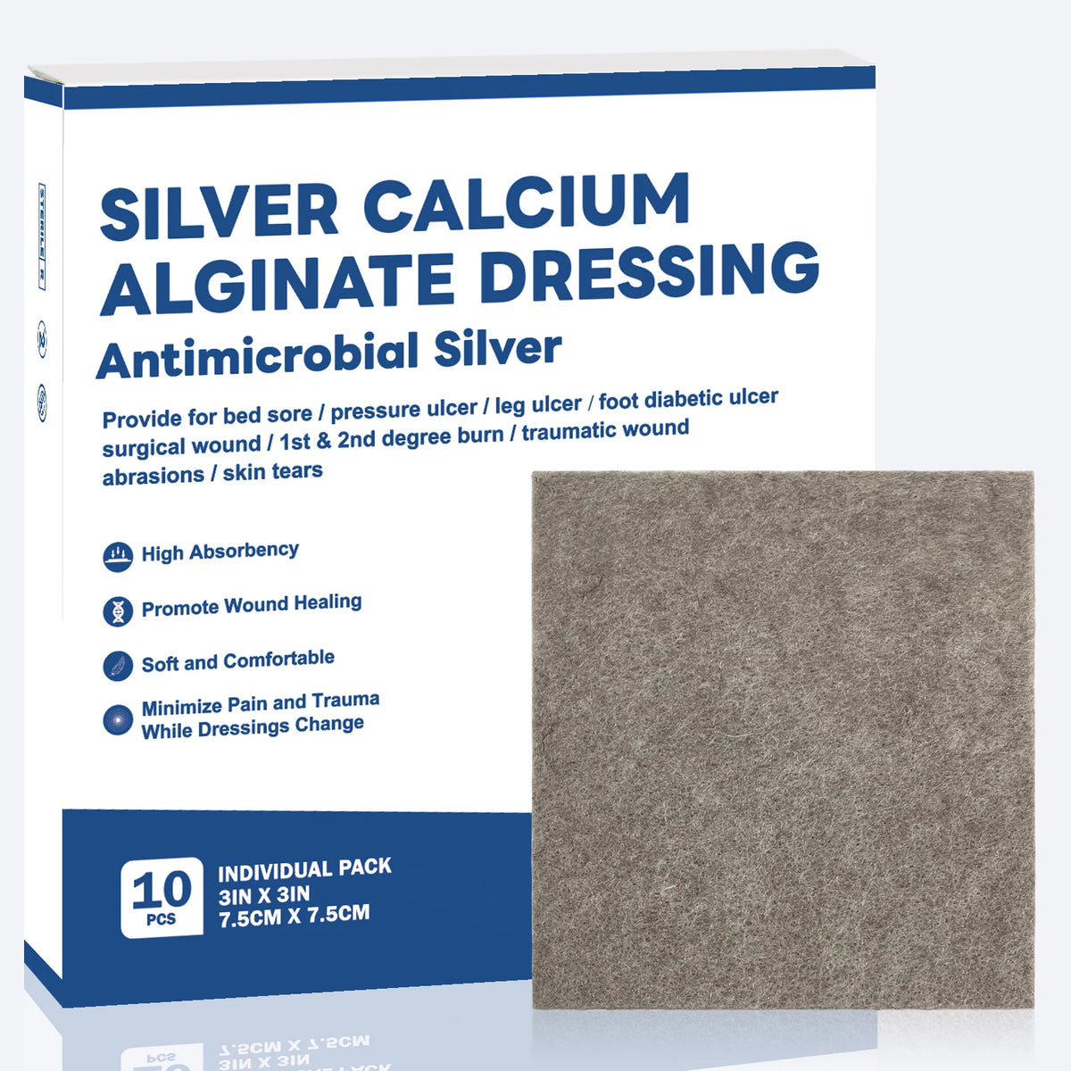 Silver Calcium Alginate Wound Dressing - Sterile Absorbent 3x3in 10pcs