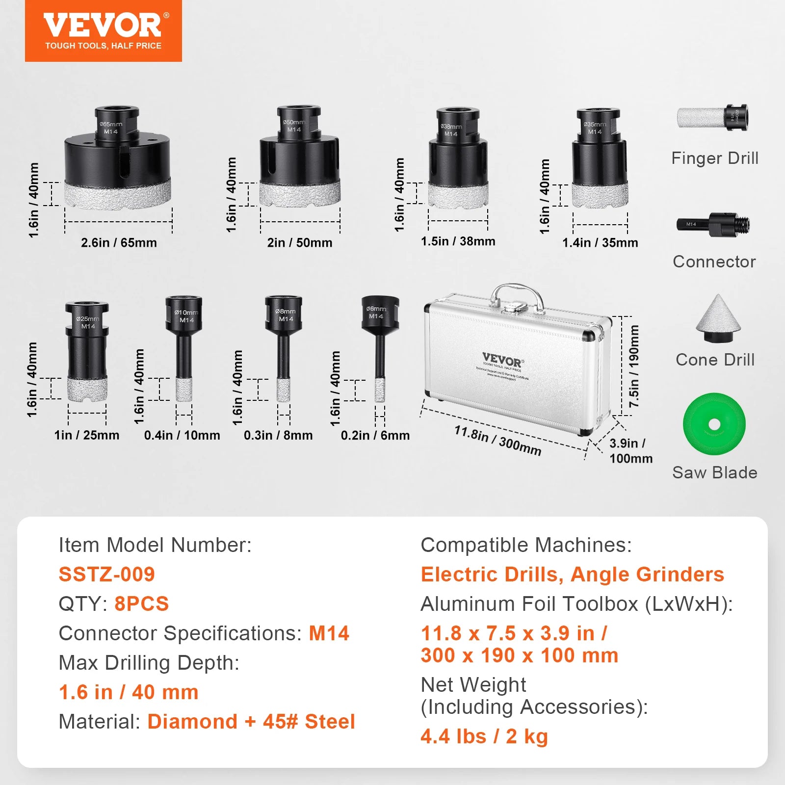 SucceBuy Diamond Core Drill Bit Set Kit &ndash; Storage Case 8PCs Type B / spain