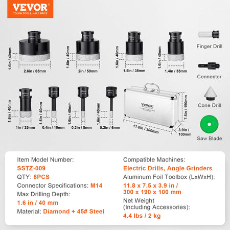 SucceBuy Diamond Core Drill Bit Set Kit &ndash; Storage Case 8PCs Type B / spain