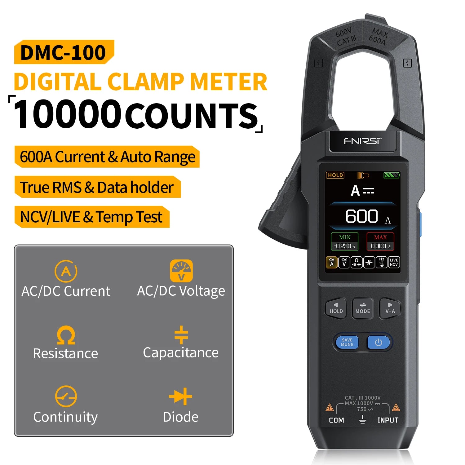 FNIRSI DMC-100 Clamp Meter &ndash; High Accuracy 10000 Counts with USB Charger
