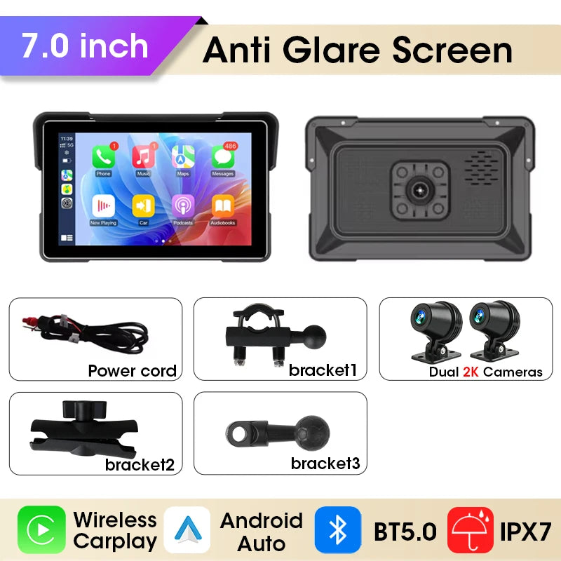 CarPlay Motorcycle DVR Navigation GPS &ndash; Wireless CarPlay and Android Auto Support 7 inch 2K DVR