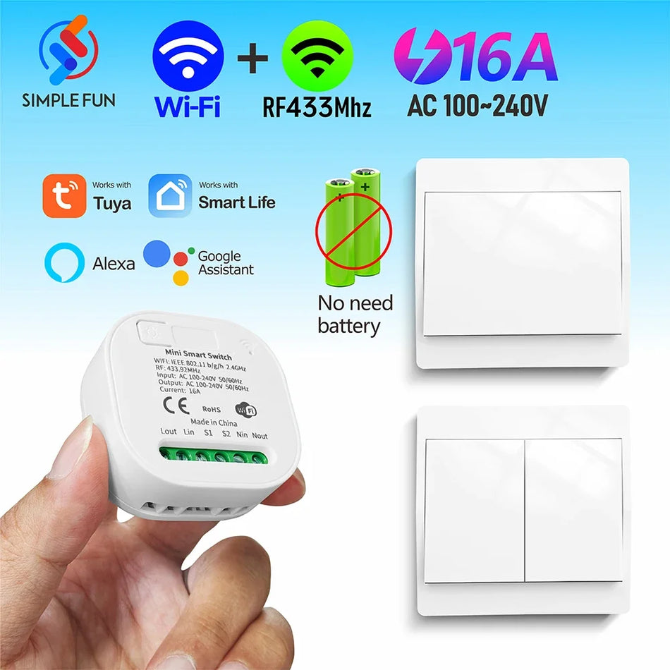 Smart WiFi Wandschalter 433MHz, 110-240V, 16A, Tuya, Alexa und Google Home