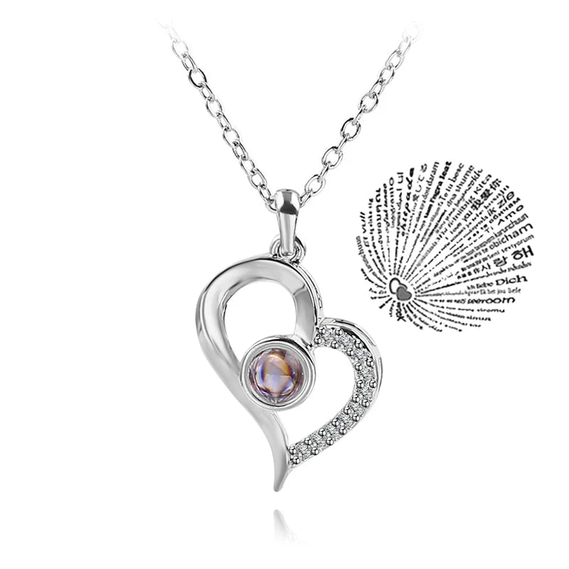 100 Languages of Love Heart Pendant Necklace for Couples Silver-02 / 45cm