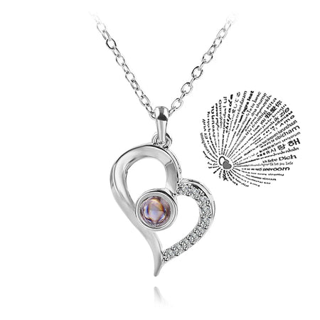 100 Languages of Love Heart Pendant Necklace for Couples Silver-02 / 45cm