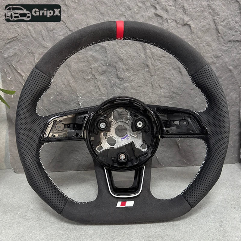 Audi RS3 RS4 RS5 Direksiyon Simidi, Kırmızı Şeritli Yarı Perfore Beyaz Deri