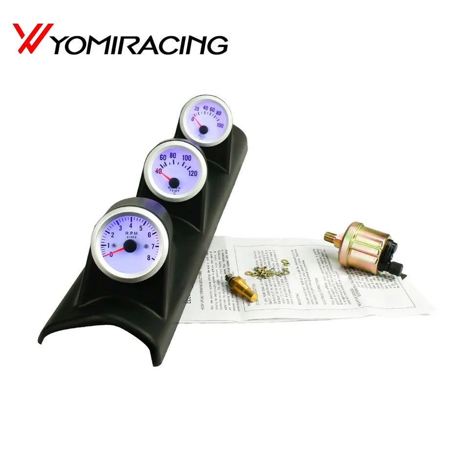 Blue LED 52mm Triple Gauge Kit Tachometer, Water Temp, Oil Pressure Meter