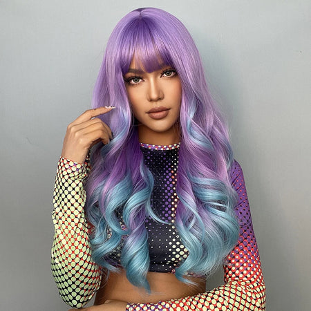 Blonde Unicorn Ombre Purple to Blue Long Wavy Wig for Women