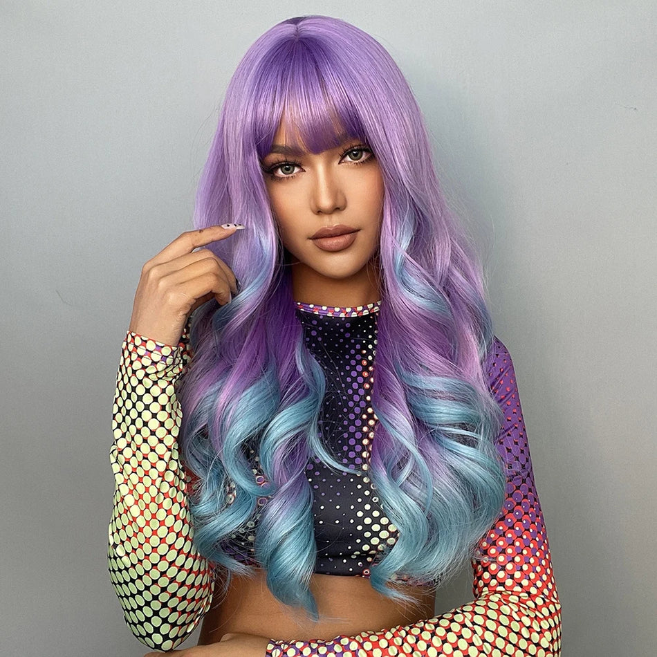 Blonde Unicorn Ombre Purple to Blue Long Wavy Wig for Women