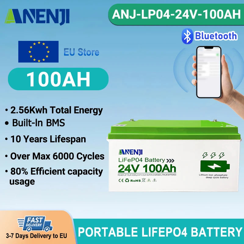 24V 100Ah LiFePO4 akumulators ar Bluetooth, 6000+ cikli, IP65, iebūvēts BMS RV un mājas saules enerģijai