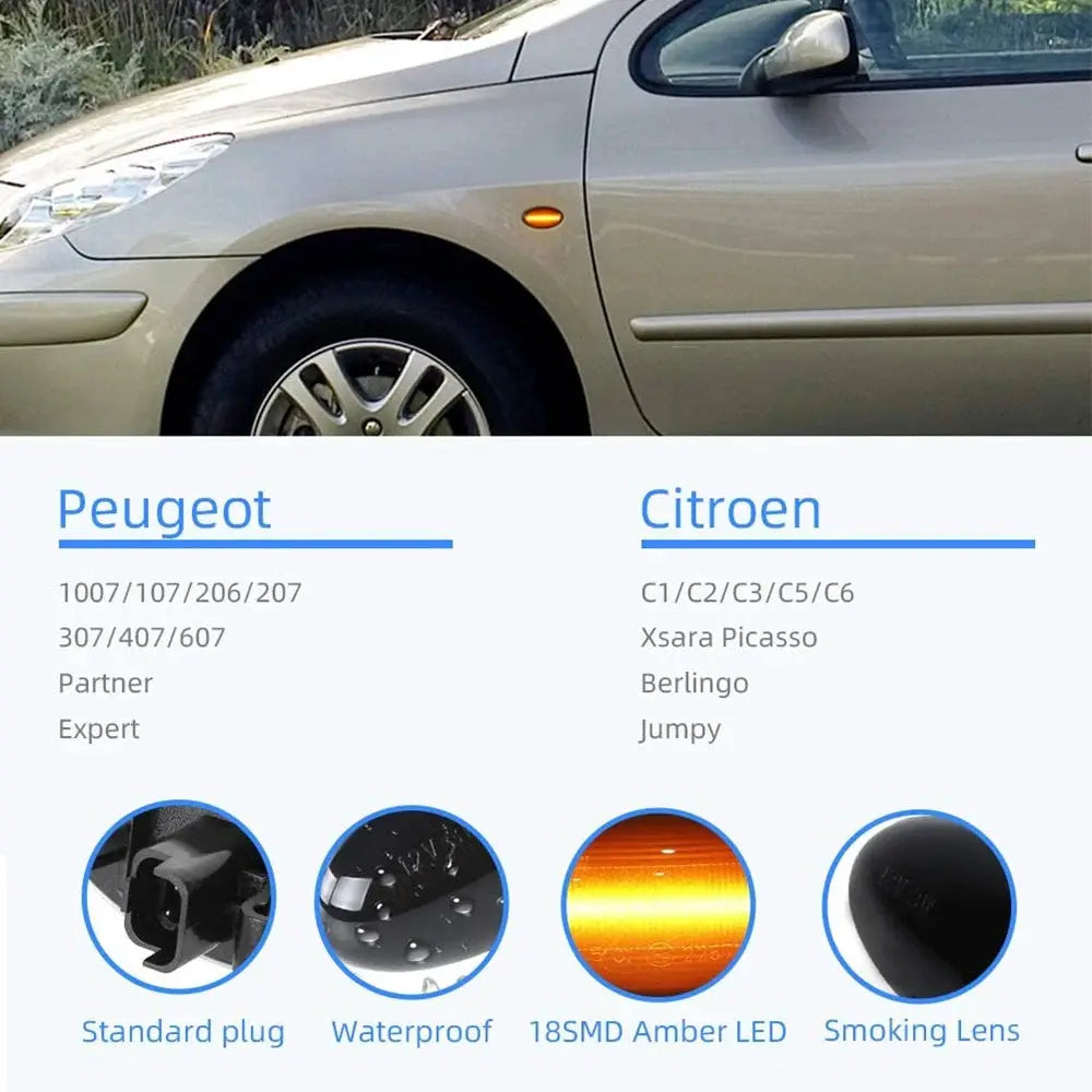 2x LED Dynamic Turn Signal Side Marker Light Sequential Blinker Lamp For Peugeot 307 206 407 107 607 For Citroen C1 C2 C3 C5 by InterCyprus Trading Ltd