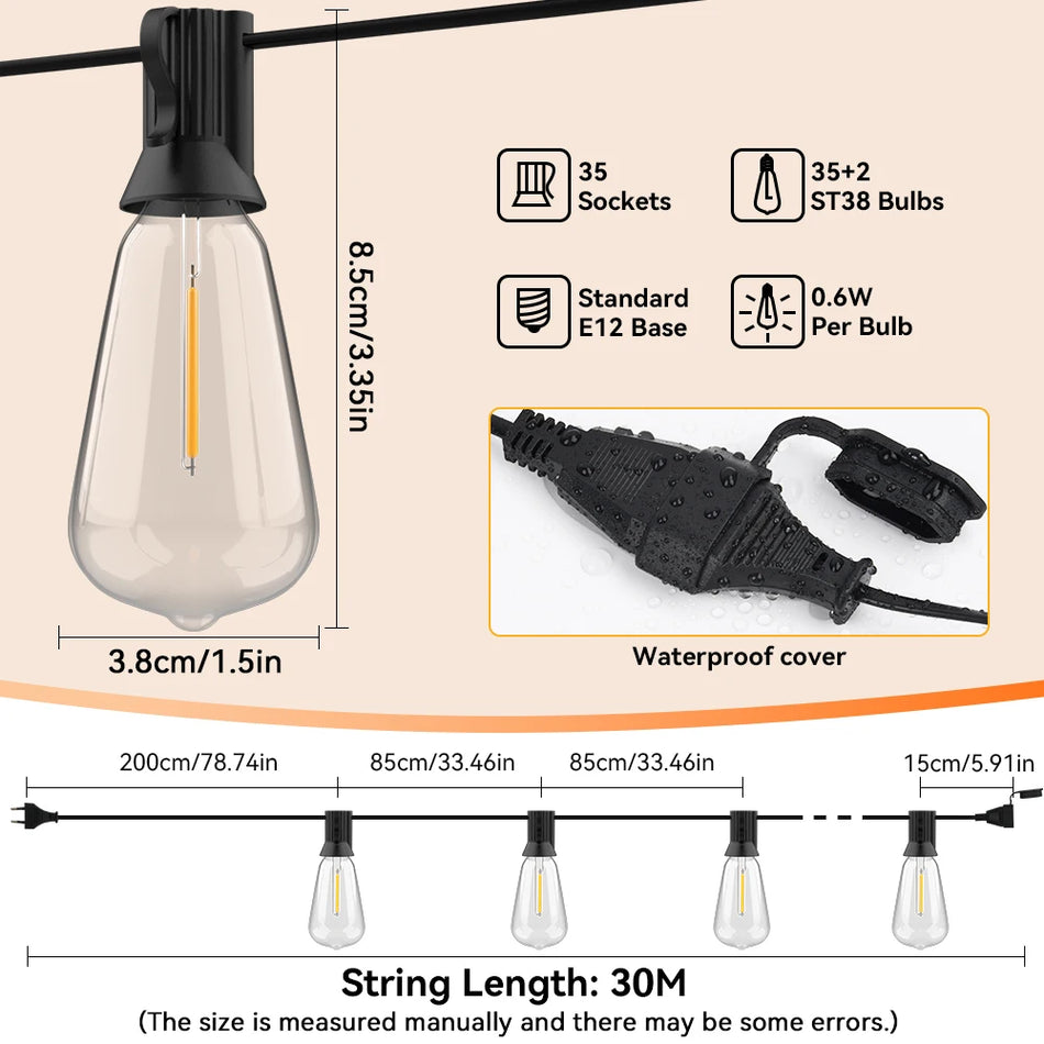 LED Garland Light String 15m-30m Waterproof IP44 For Outdoor Christmas Garden Decor