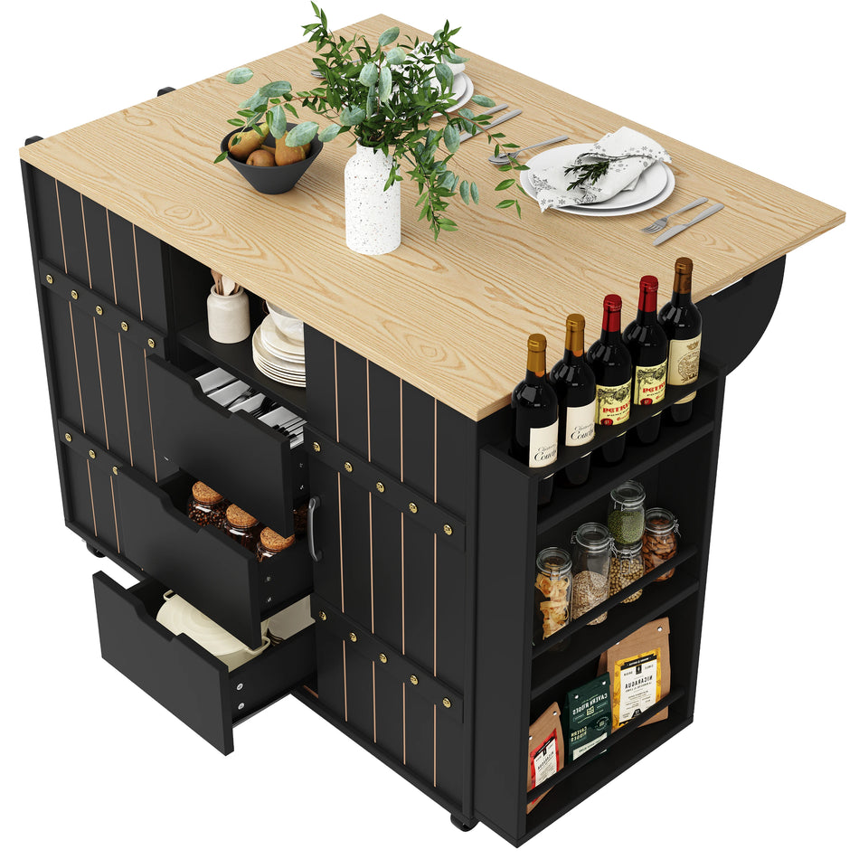 Black Kitchen Island Cart With Sliding Doors And Spice Rack